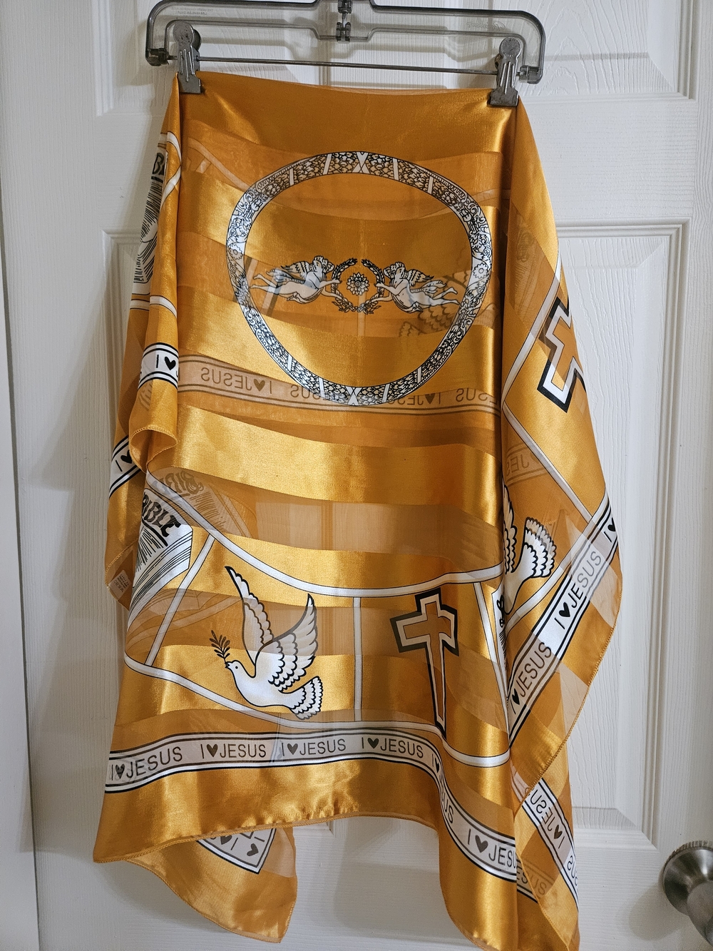 White & Gold Religious Print Satin Scarf - Picture 8 of 12